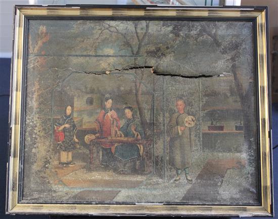 19th century Chinese School Courtiers playing a board game in a garden, 20 x 24.5in., canvas torn